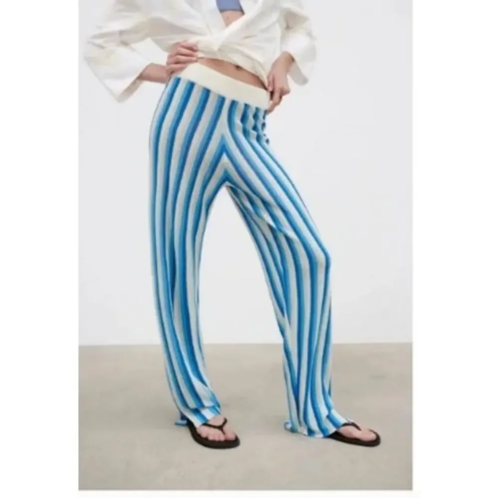 New NWT Zara Linen Wide Leg Blue White Stripe Pants‎ Size Small